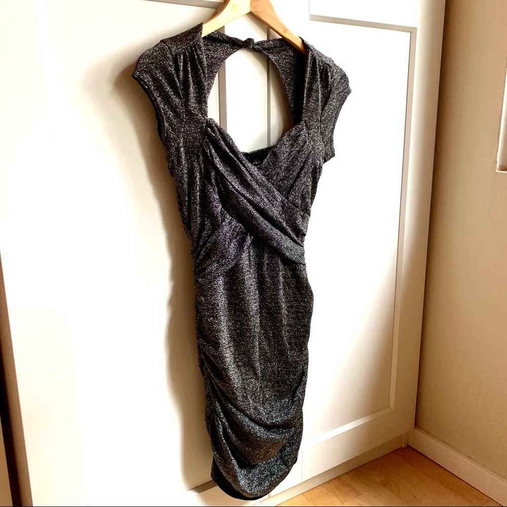 Charcoal-color shiny mini dress with rouching